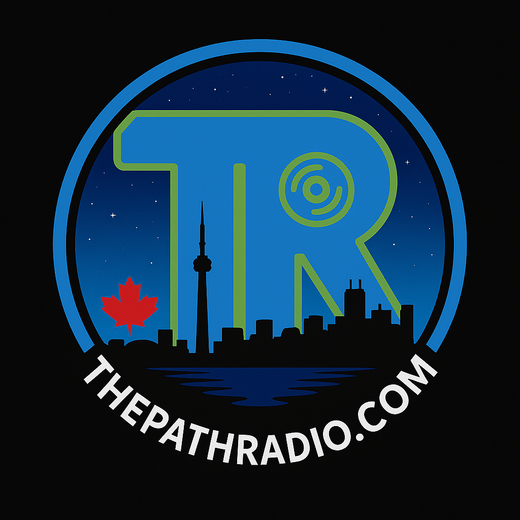 The Path Radio Logo: A TPR integrated into one over the dark city scape of Toronto, with ThePathRadio.com beneath it.