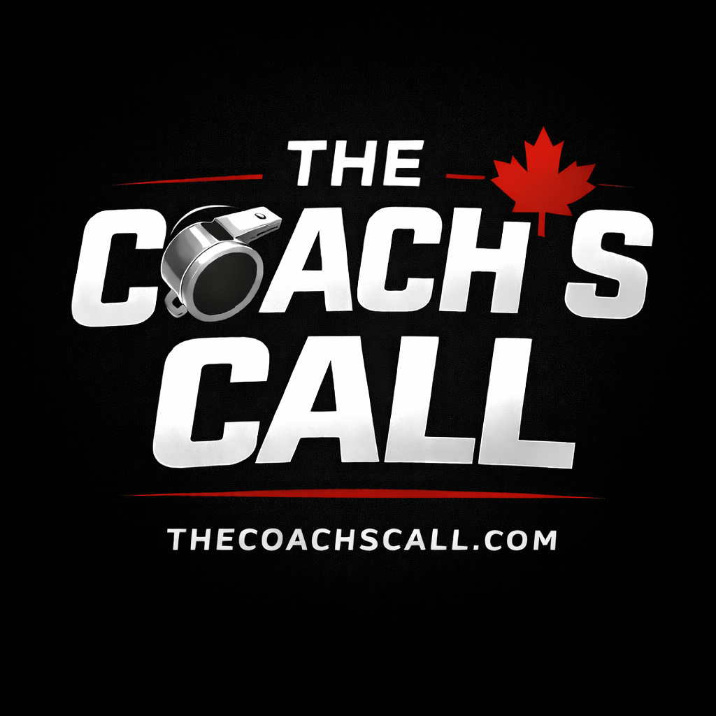 The Coach's Call Podcast Logo with a maple leaf for an apostrophe and a whistle for the O in the word coach
